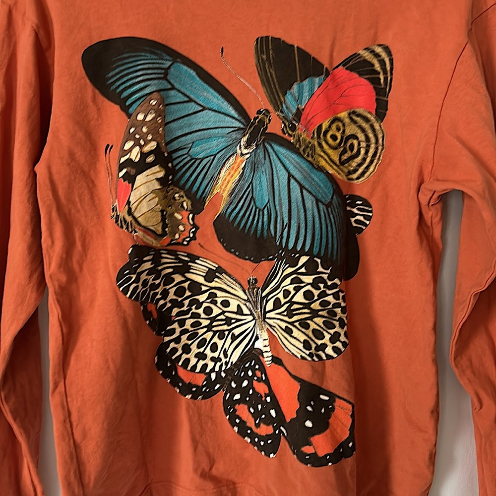 Obey Burnt Orange Butterflies Long Sleeve Shirt  Sweatshirt Top **Size XS** 🦋🦋 - Picture 3 of 5